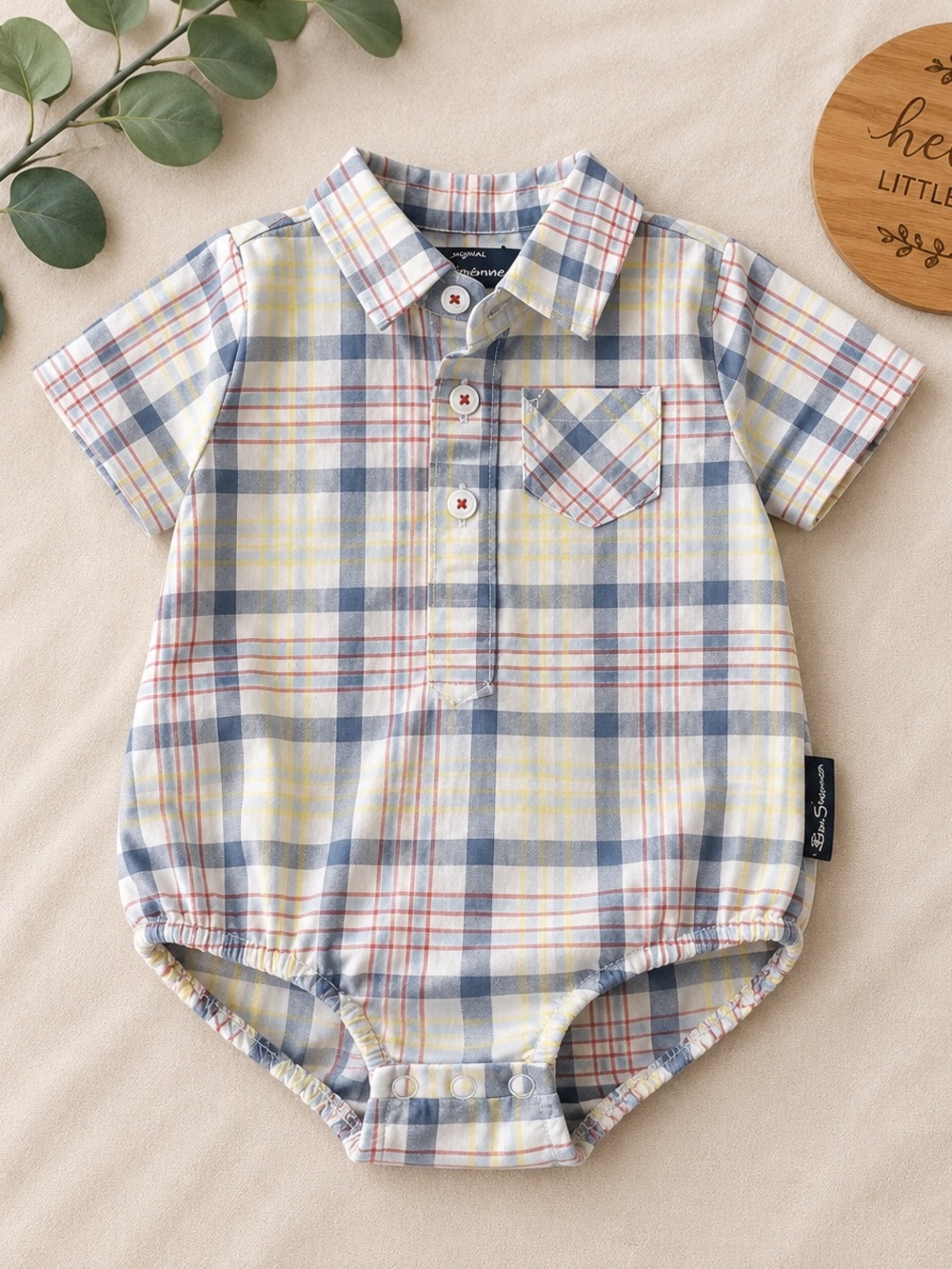 Ben Sherman Plaid Bubble Romper Onesie 3-6M Baby Boy Button Front Outfit